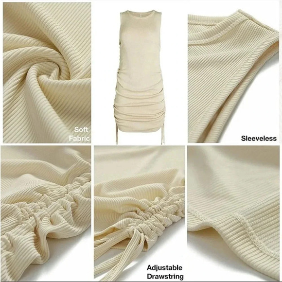 CREAM MYHEAT NH SLEEVELESS RIBBED SIDE RUCHED MINI DRESS SIZE SMALL - Picture 12 of 14